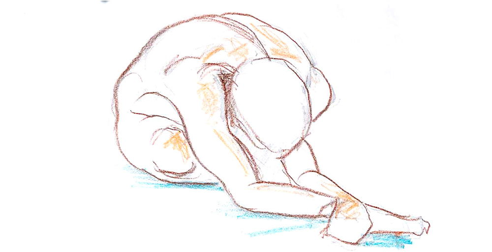 Skiss av en person som sitter framåtlutad med armarna sträckta mot golvet.