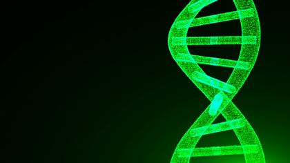 Grön digital illustration av en DNA-spiral mot svart bakgrund.