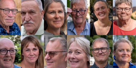 Ett collage med porträtt av olika vuxna personer utomhus i dagsljus.