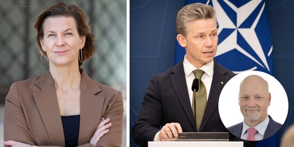Två porträtt av personer i formella kläder, en kvinna till vänster och två män till höger, ansikten suddade.