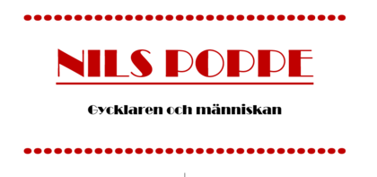 Textbild med röd och svart text: 'Nils Poppe' och 'Gycklaren och människan', dekorerad med röda prickar.
