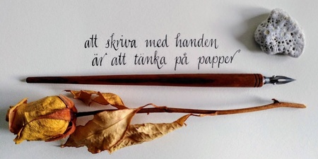 En handskriven svensk text på papper med en gammal bläckpenna, en torkad ros och en sten bredvid.