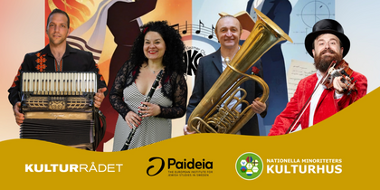 Fyra musiker med instrument framför färgglada illustrationer och logotyper för Kulturrådet, Paideia och Kulturhus.