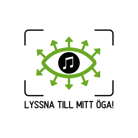 En grön tecknad öga med pilar utåt och en musiknot i mitten. Texten under lyder: Lyssna till mitt öga!