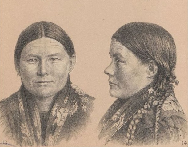 Två tecknade porträtt av en kvinna, en framifrån och en i profil, med traditionell klädsel och flätat hår.