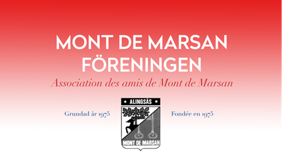 Logotyp och text för Mont de Marsan-föreningen med rödvit bakgrund och svartvitt emblem.