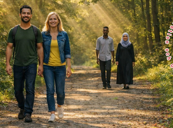 Fyra personer promenerar på en solbelyst skogsstig, med logotyper och text om integration och gemenskap.