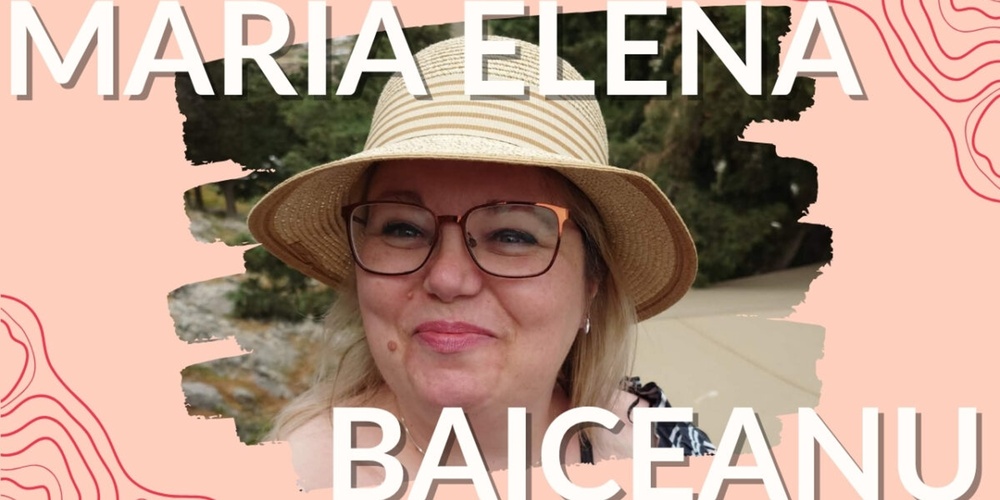 Kvinna med glasögon och solhatt ler, texten 'Maria Elena Baiceanu' syns över bilden.