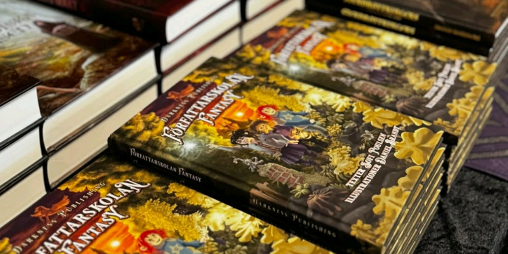 Flera staplar med fantasyböcker på ett bord, med färgglada omslag och titeln 'Författarskolan Fantasy'.