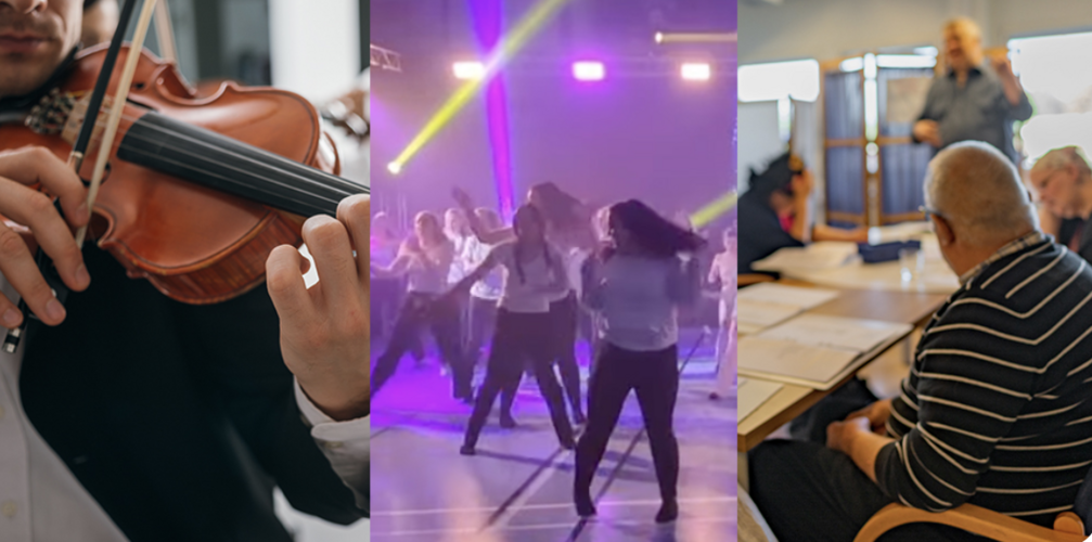 Tre bilder: en person spelar fiol, en grupp dansar på scen med färgglada ljus, personer sitter vid ett bord i möte.