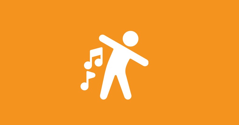 En stiliserad figur som dabbar med musiknoter bredvid sig på orange bakgrund.