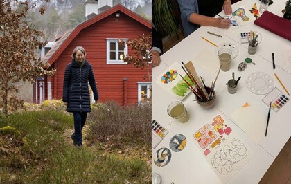 Tvådelad bild: kvinna promenerar utomhus vid rött hus, konstnärer målar vid bord inomhus.