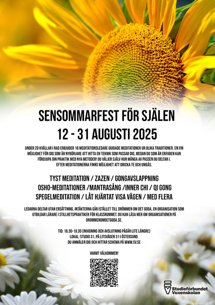 Affisch för Sensommarfest för själen 2025 med solros och prästkragar i bakgrunden.