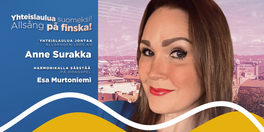 Affisch för allsång på finska med text och en person vars ansikte är suddat.