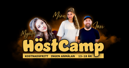 Affisch för HöstCamp med tre personer och text om gratis läger för ungdomar 13–18 år.