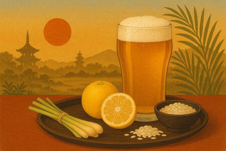 Ett glas öl med skum, citron, citrongräs och ris på ett fat, med japanskt landskap i bakgrunden.