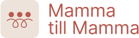Logotyp med texten 'Mamma till Mamma' och en symbol med tre prickar och linjer på beige bakgrund.