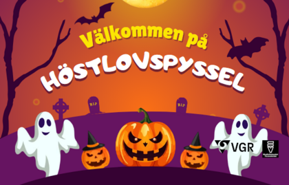 Halloweenbild med pumpor, spöken, fladdermöss och texten 'Välkommen på höstlovspyssel' mot en orange bakgrund.