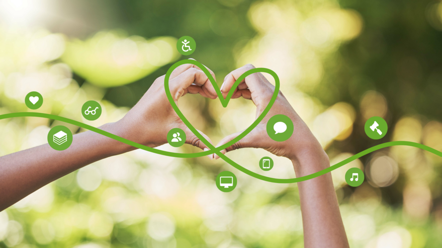 Två händer formar ett hjärta mot en grön, suddig bakgrund med gröna ikoner ovanpå.