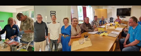 Tre bilder i en: personer lagar mat, poserar framför en skylt och sitter i möte runt ett bord.