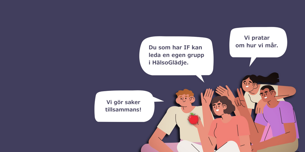 Illustration av en grupp personer som sitter tillsammans och pratar, med pratbubblor om gemenskap och hälsa på svenska.