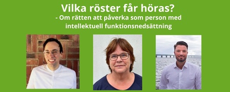 Affisch för webbinarium om rättigheter för personer med intellektuell funktionsnedsättning, med tre porträtt och information.