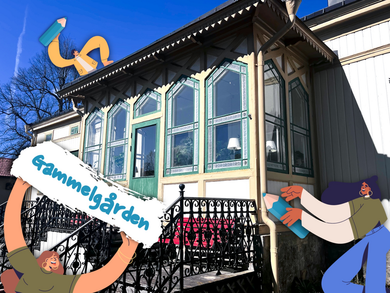 Gammaldags hus med stora fönster, tecknade figurer och skylten 'Gammelgården' i förgrunden.