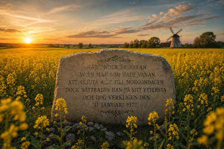 Minnessten med svensk text står i ett fält av gula blommor vid solnedgång, med en väderkvarn i bakgrunden.