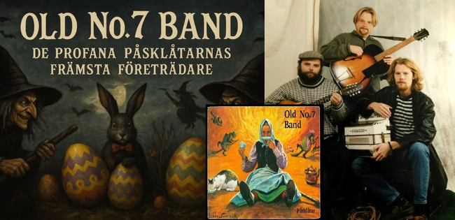 Affisch och foto på Old No.7 Band med påsktema, påskägg, kanin och musikinstrument.