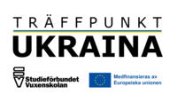 Logotyp med texten 'Träffpunkt Ukraina', Studieförbundet Vuxenskolan och EU-flagga.