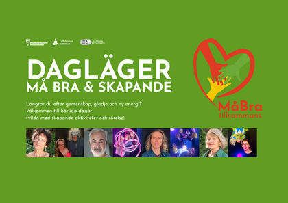 Affisch för dagläger med text om gemenskap, skapande och välmående, samt bilder på människor och färgglad logotyp.