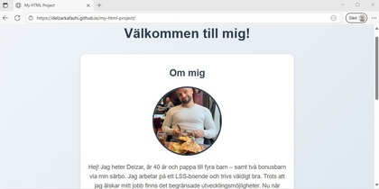 Skärmdump av en personlig webbsida med rubriken 'Välkommen till mig!' och en presentation med foto av en man.