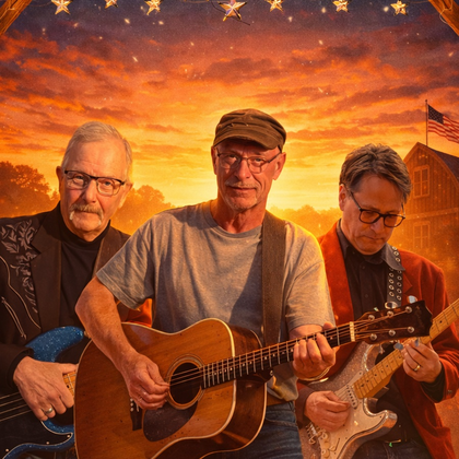 Tre män spelar gitarr och bas på en utomhusscen vid solnedgång, med publik i förgrunden.