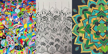 Tre abstrakta konstverk: färgglad, svartvit och mandala i grönt och guld.