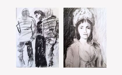 Två kolteckningar, en med tre personer bakifrån och en med en person i historisk klädsel.