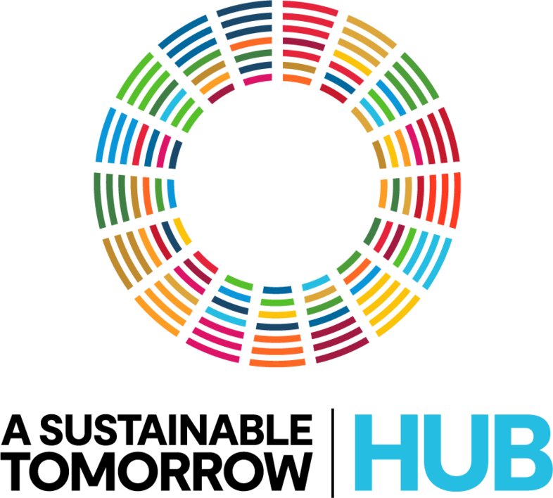 Färgglad cirkel med texten 'A Sustainable Tomorrow HUB' under, symboliserar hållbar utveckling.