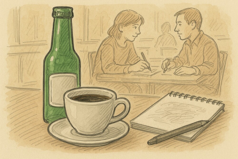 Tecknad scen på ett café med en kopp kaffe, en flaska, anteckningsblock och två personer som samtalar i bakgrunden.