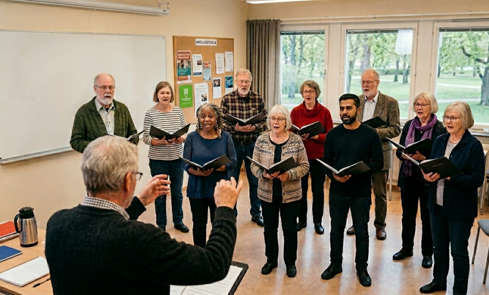 En kör med vuxna står i ett klassrum och sjunger, ledda av en dirigent framför dem.