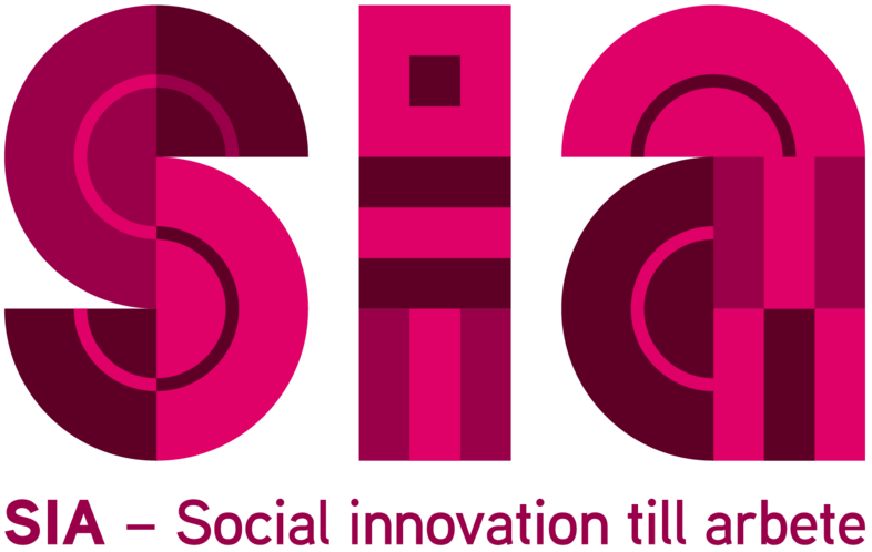 Logotyp med texten 'SIA – Social innovation till arbete' i rosa och vinröda nyanser.