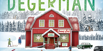 Omslag till boken 'En oväntad affär i Ljumvattnet' med vinterlandskap, röd butik och människor som åker skridskor.