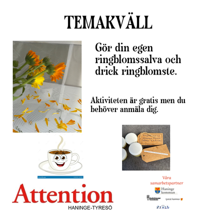 Affisch för temakväll om ringblomssalva med bilder på ringblommor, salva och en kaffekopp.