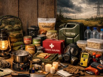 Överlevnadsutrustning på ett bord, inklusive mat, vatten, första hjälpen, gasmask och verktyg.