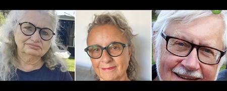 Tre äldre personer med glasögon, två kvinnor och en man, visas i porträtt mot olika bakgrunder.