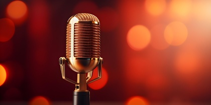 En gyllene retro mikrofon står på ett stativ mot en suddig, varm bakgrund med orange ljuspunkter.