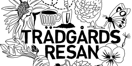 Illustration med texten 'Trädgårdsresan' omgiven av blommor, en höna, en fjäril, en kopp, en spade och ett bi.