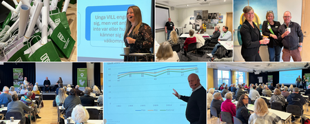 Kollage av bilder från en konferens med föreläsningar, gruppdiskussioner och deltagare i en mötessal.