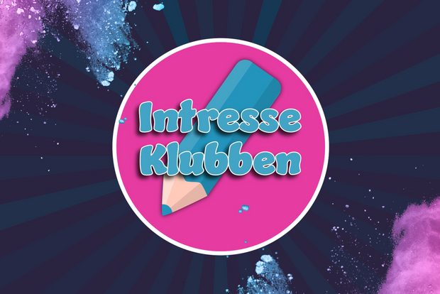 Logga med texten "IntresseKlubben" skrivet i turkost, illustration av en turkos blyertsfärgpenna, färgstänk och grafiskt mönster i bakgrunden. 
