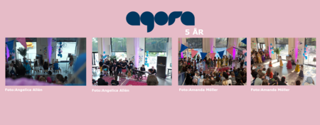 Fyra foton från ett evenemang inomhus med publik, scen, dekorationer och uppträdanden. Text: Agora 5 år.