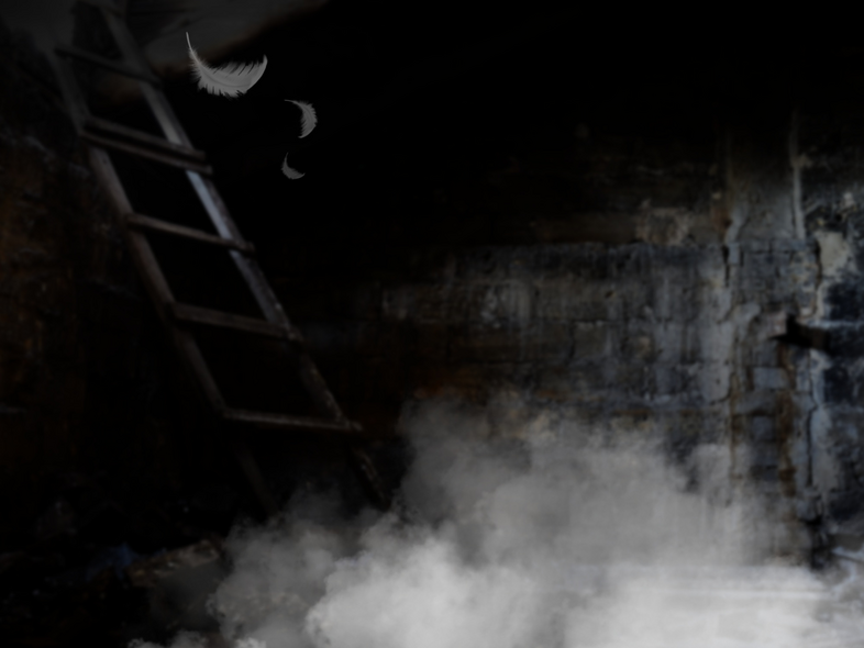 En gammal trästege leder upp till ett mörkt hål i taket. Några vita fjädrar svävar i luften och dimma täcker golvet.
