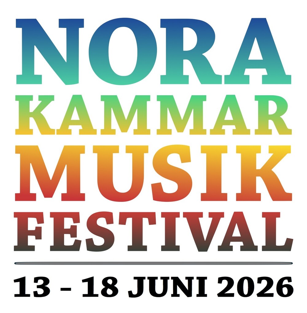 Affisch med texten 'Nora Kammarmusikfestival 13–18 juni 2026' i färggranna bokstäver.